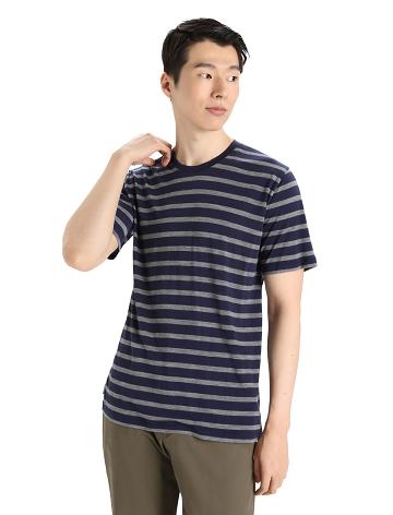 Men's Icebreaker Merino Drayden Short Sleeve Stripe T Shirts Midnight Navy / Gritstone Heather | CA 1763XYUF